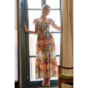 Moxy Anthropologie Womens Floral Boho Flutter Smocked Cottage Maxi Dress